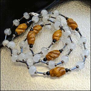 1960s Rare Long Vintage Necklace Sterling Silver w Agate and White Quartz